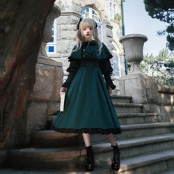 Black Green Contrasting OP Dress Cape 2-piece College Autumn Lolita Dress With Bow Tie