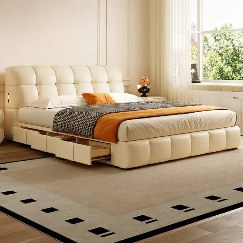 

Display Modern Storage Double Bed Frame Elegant Princess Light Luxury Leather Bed Loft Trendy Letto Matrimoniale Home Furniture