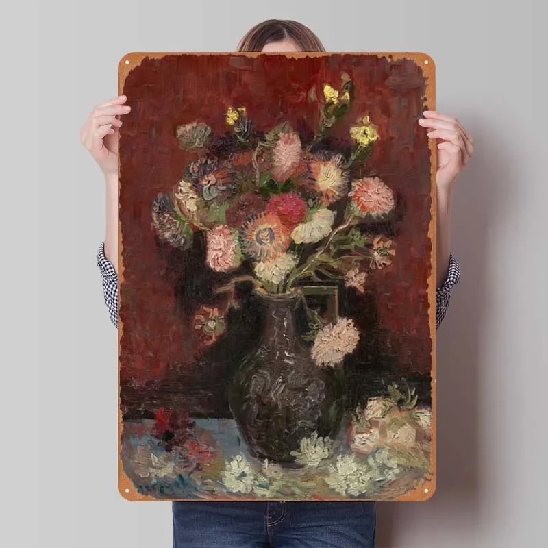 Vase With Chinese Asters Painting Rusty Metal Poster Vintage Metal Plate Gaming Room Decoration Home Sign Bathroom Decor Retro