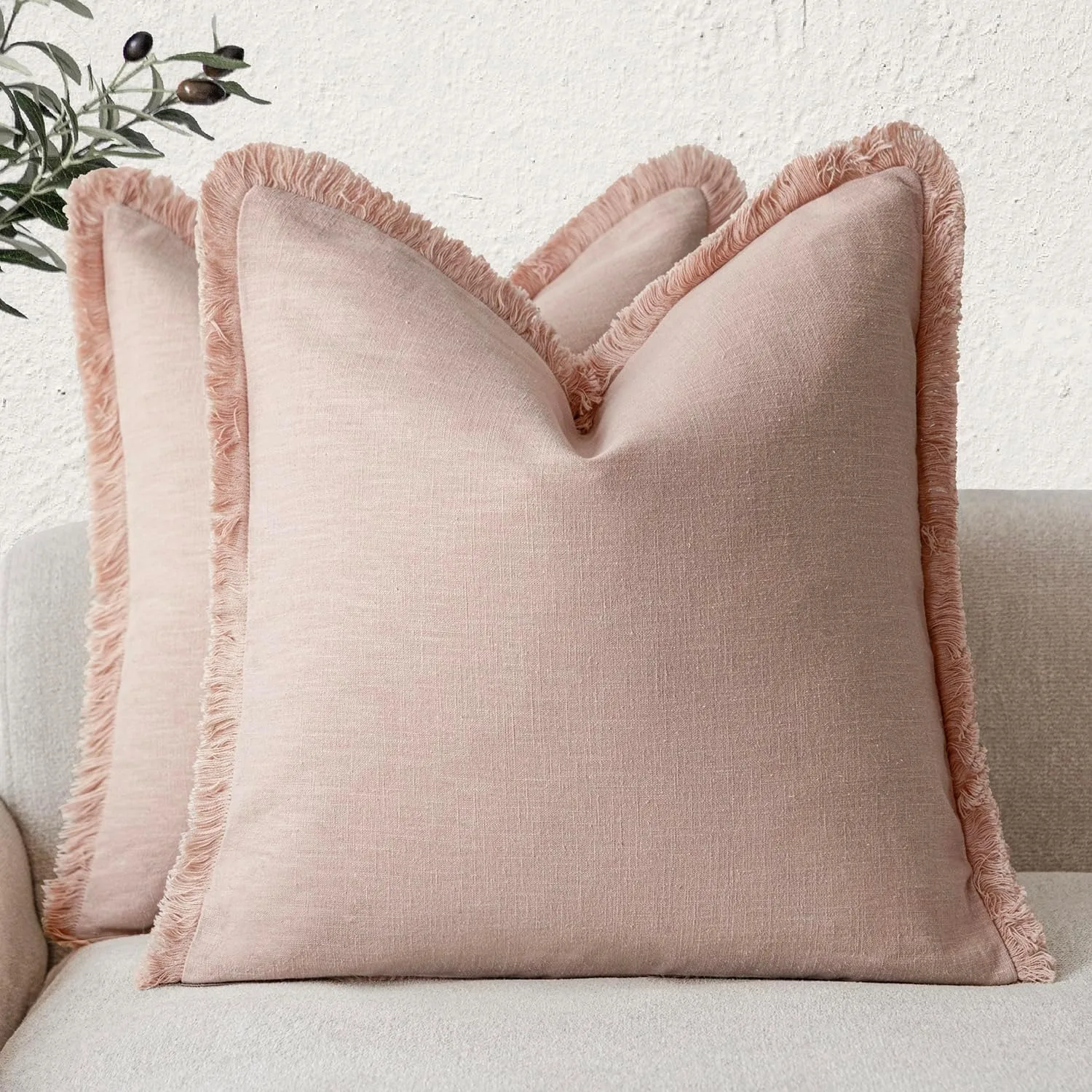 20x20 Light Pink Inch Linen Fringe Throw Pillow Covers Boho Farmhouse Cushion Cover with Tassels  Couch Living Room Pillowcase