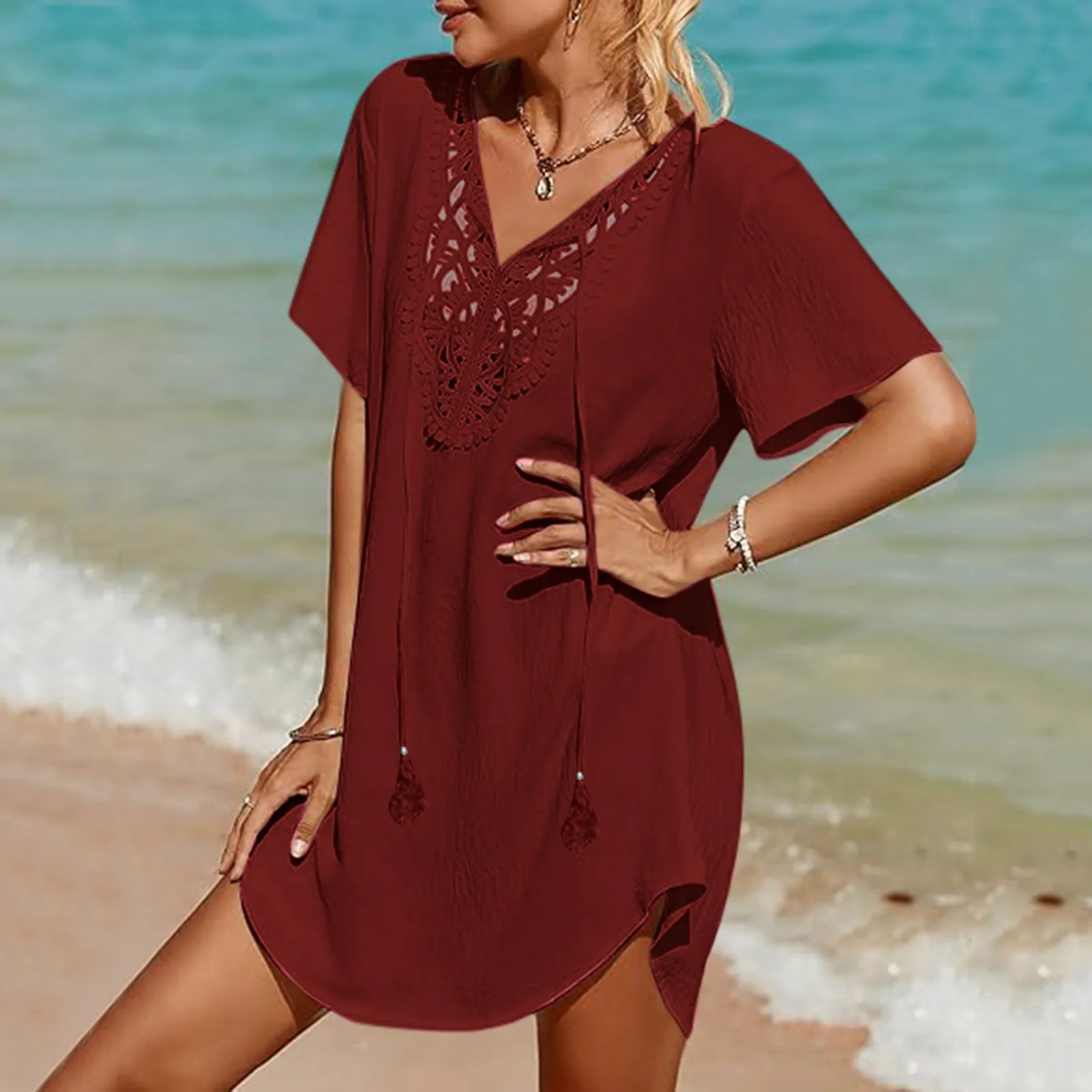 Damski strój kąpielowy Coverup Lace Crochet V Neck Strój kąpielowy Cover Up Dress Beach Cover Ups For stroje kąpielowe Kobiety Bikini 2024 Gorąca