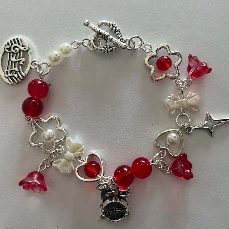 Handmade lily of the valley beaded bracelet y2k retro red gorgeous coquettish fairy tale bracelet
