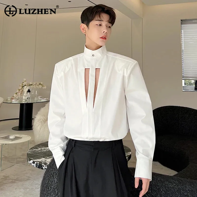 LUZHEN 2024 Hollow Out Design Casual Tops Men\'s Casual Korean Fashion Stand Collar Shirts Autumn New Niche Design Clothes A38be8