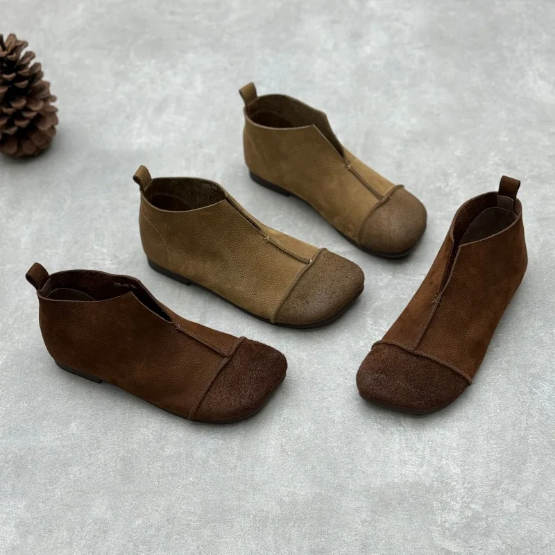 

GKTINOO Handmade Genuine Leather Flat Ankle Boots 2026 Autumn New Retro Square Toe Soft Sole Women's Slip-on Shoes