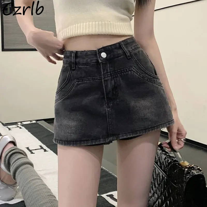 Spódnice jeansowe vintage w kształcie litery A, mini, w stylu hotsweet dla dziewczyn, z wysokim stanem, w stylu amerykańskim, wyszczuplające, modne, z charakterem, uniwersalne, popularne.