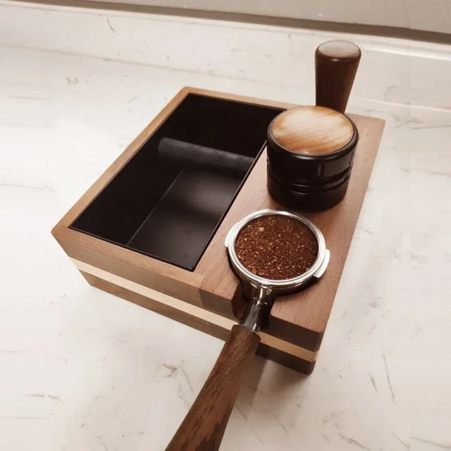 Coffee Tamper Station Integrated Coffee Knock Box Walnut Residue Bucket Storage Powder Box Filling Pressing Powder Seat