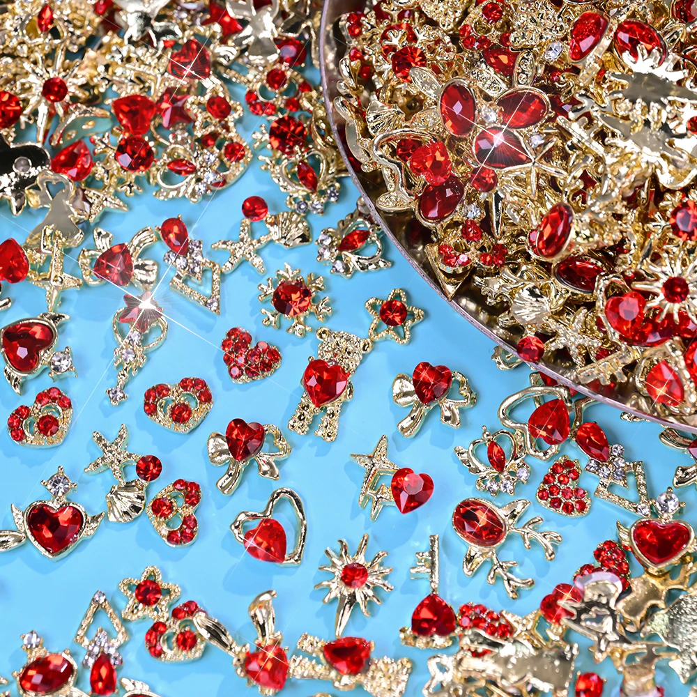 30PCS 3D Red Love Heart Crystal Nail Rhinestones Valentine's Day Luxury Gold Star Bunny Bear Heart Nail Decorations Nail Charms