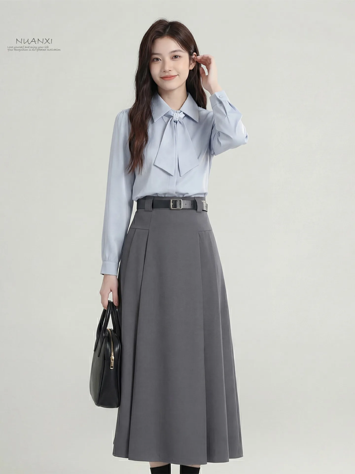 

Warm Nuanxi 2026 Spring Commute Style Knot Shirt Half Skirt Two-Piece Set Simple Interview Outfit High Waist Skirt