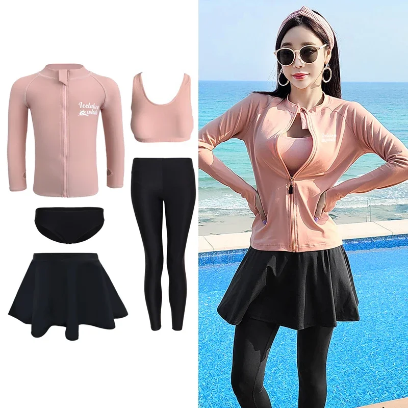 Korean Plus Size Women Rashguard Sports Swimwear Long Sleeve Split Swimsuit Girls Conservative Surfing Swimwear Diving Suit 2024