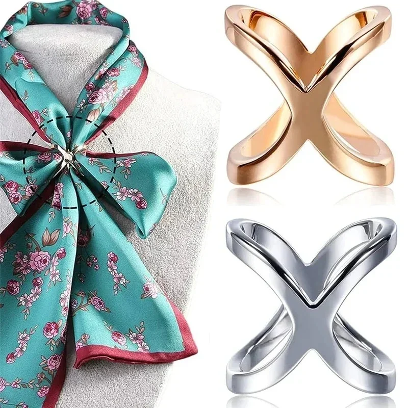 Fashion Cross Scarf Clip X Shape Metal Brooches For Women Hollow Shawl Buckle Ring Clips Jewelry Clothing Accessories