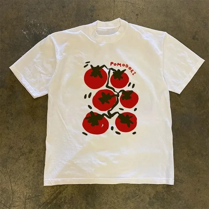 New Trendy Cotton Interesting Tomato Print Super Elastic Casual Short-Sleeved Men Women Daily Cotton Loose Tops Breathable Tops