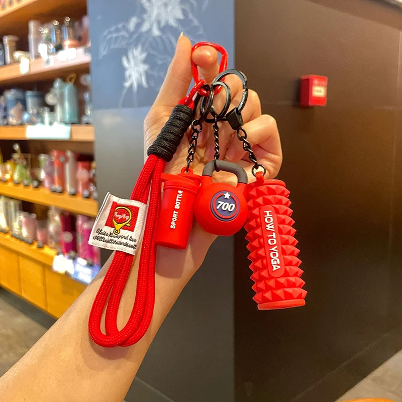 Gym Series Key Chain Color Handmade Rope Key Ring New Fahion Bag Pendant Dumbbell Kettlebell Keychain Bag Charms