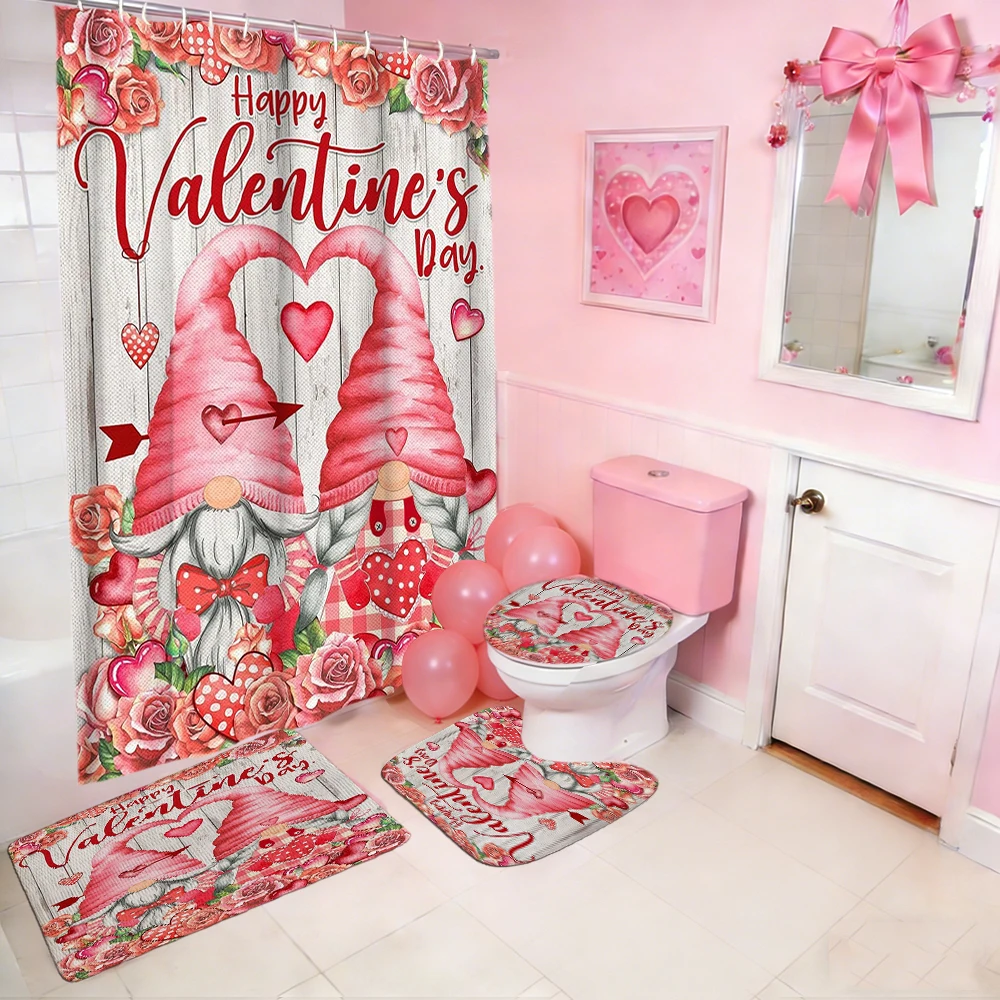 

Valentine's Day Love Heart Pattern Shower Curtain Bath Sets Waterproof Non-Slip Bathroom Rug Toilet U With 12 Hooks Home Deco