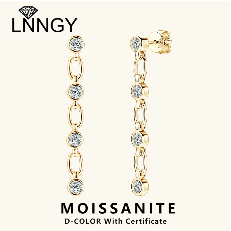 

Lnngy 3mm Bezel Moissanite Earrings For Women Exquisite 925 Sterling Silver Long Tassel Earring Wedding Drop Jewelry Gift