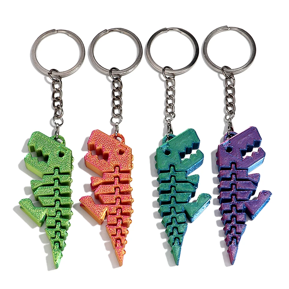 3D Printed Flexible Articulated Dinosaur Key Ring Colorful Gradient T-Rex Skeleton Key Chain Backpack Pendant Gift
