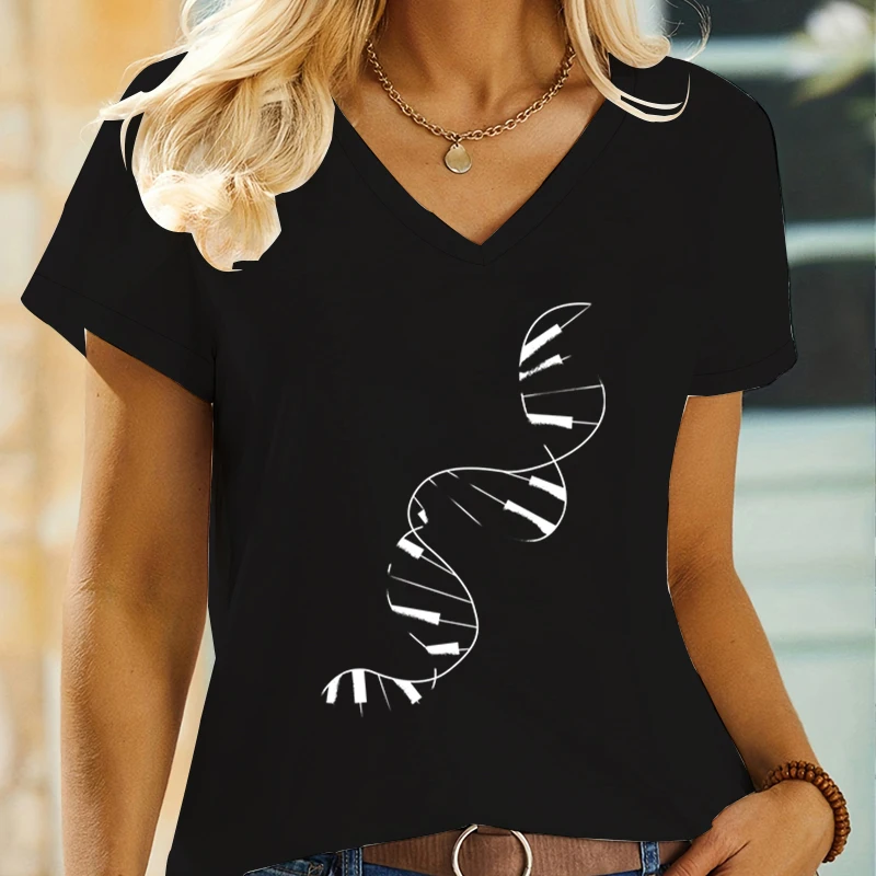 Women's Clothing DNA Piano Music Lover Summer Short Sleeve T-shirt Classical Keyboard Design V-neck Tees Piano Printed T-shirts