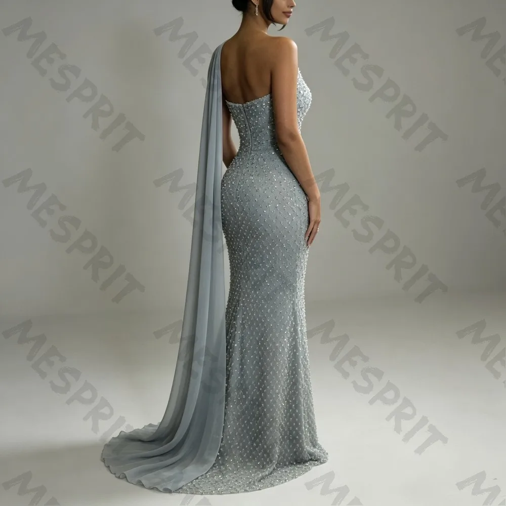 Customized Haze Blue Strapless Fishtail Evening Gowns, Full of Diamond Sequin, Chiffon Ribbon Shawl, and Floor Party Dresses