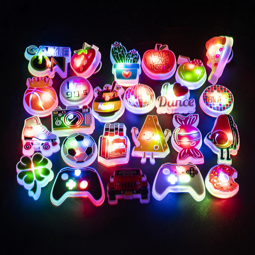 1pcs LED Shoe Charms for Kids Luminous Cars Gamepad Football Shoe Accessories Fruits Pizza Cheese Candy LED Pins for Women Girls