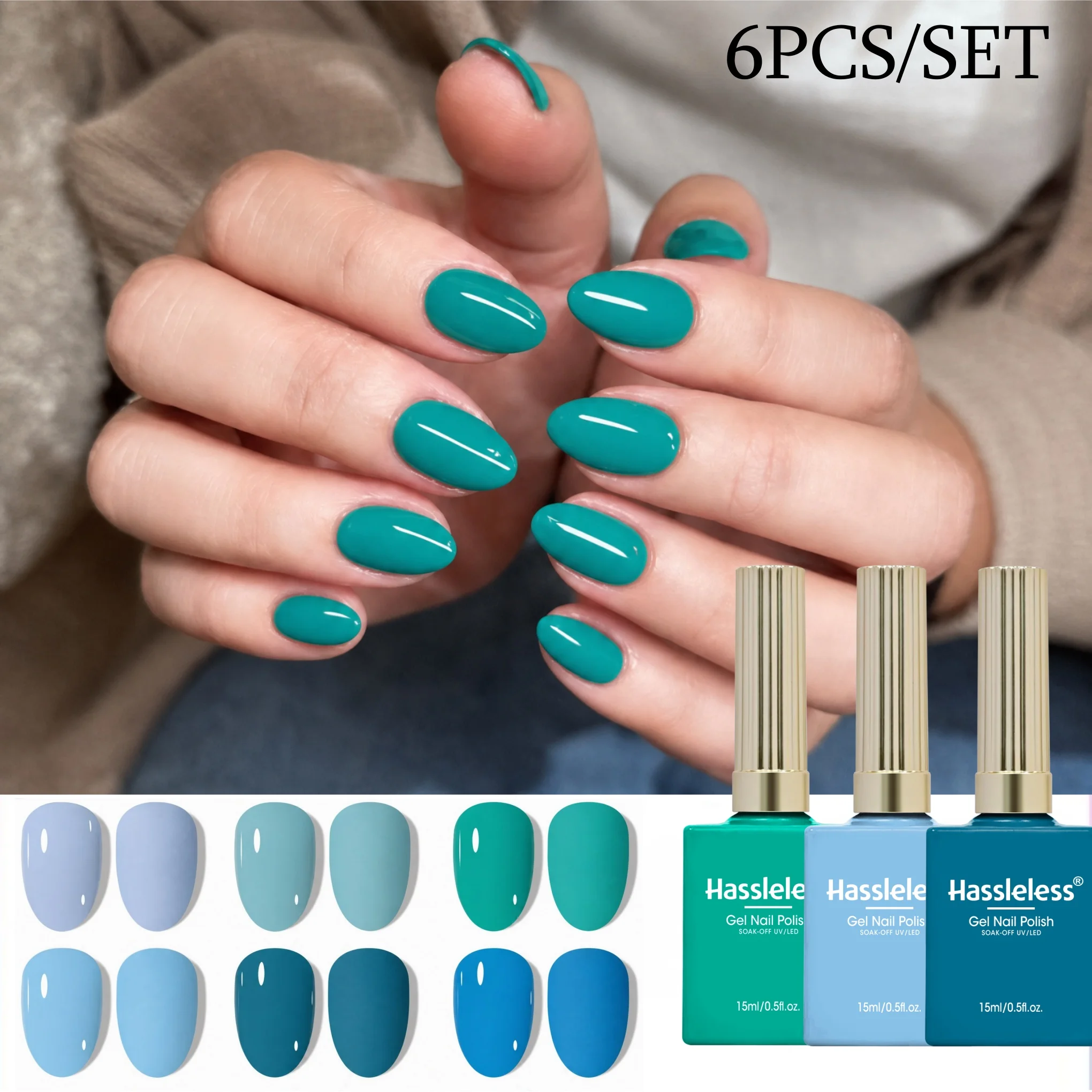 Hassleless 6Pcs Blue Nail Polish Gel Set—High Saturation Salon-Grade Nail Gel Polish, Smooth and Long-Lasting Formula, Alcohol-Free, Includes 6 Shades (from Light Blue to Dark Blue), Suitable for Manicure/Pedicure, Is