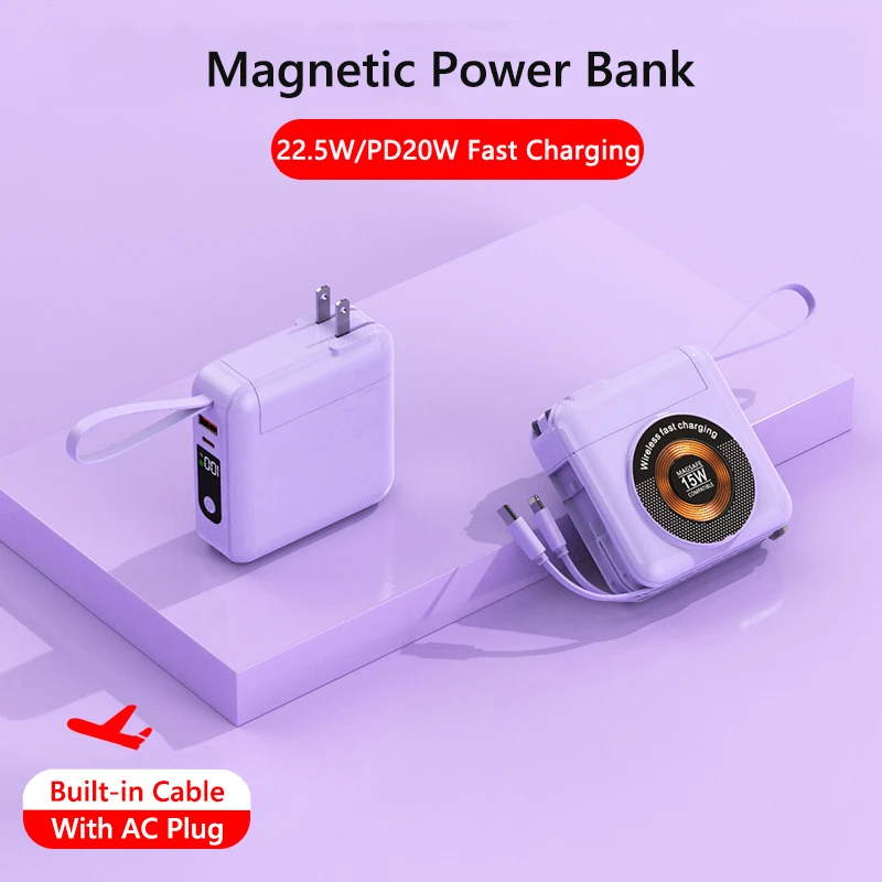 20000mAh Magnetic Power Bank With AC Plug Cable 15W Wireless Fast Charging For iPhone 15 Samsung Huawei Xiaomi PD20W Powerbank view 2