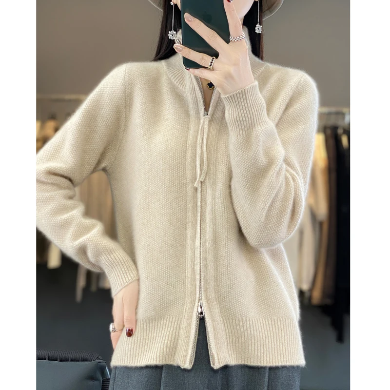 Women\'s 100% Merino Wool Knitting Sweater Turndown Collar Cardigan Autumn/Winter Thick Tops Cashmere Double Zipper Soft Jacket