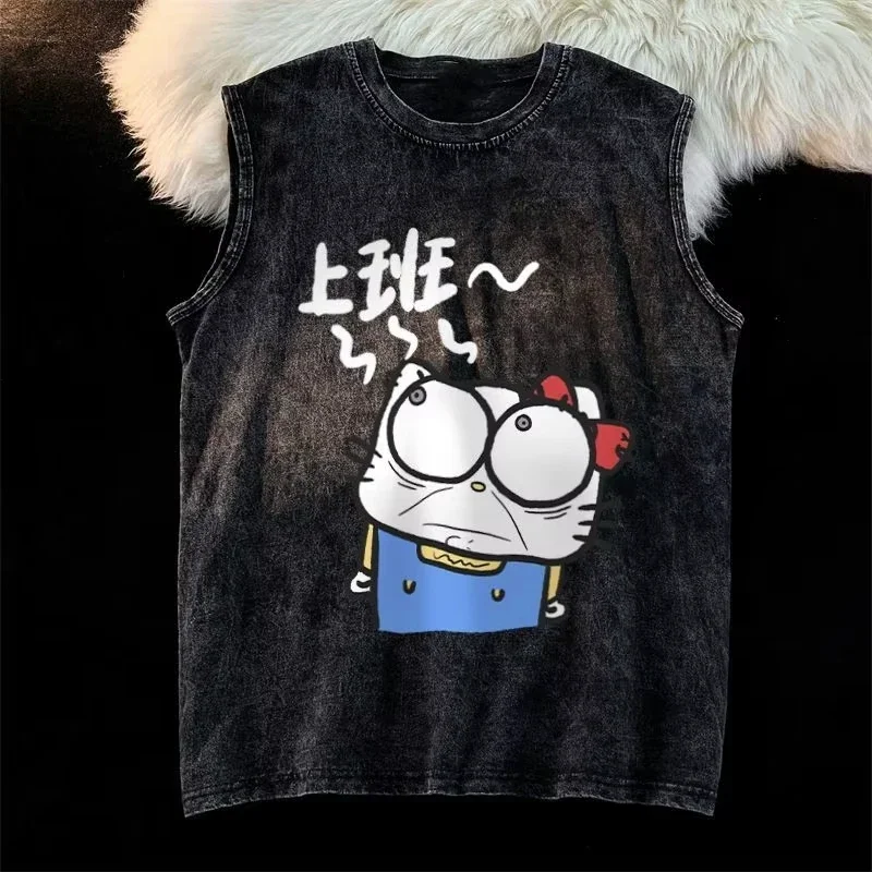 2025 رجل قميص بدون أكمام HelloKitty الكرتون طباعة سترة الصيف عادية رياضة تي شيرت المرأة خمر غسلها المتضخم تانك القمم Y2k #2