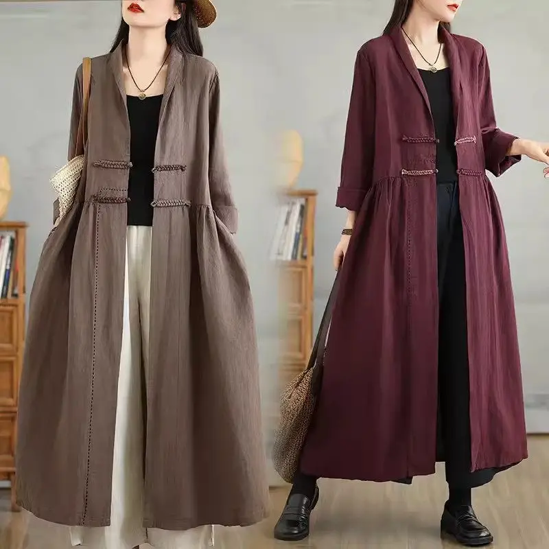 2024 Atumn Long Cotton And Linen Clothing Chinese Retro Button Long Sleeved V-Neck Jacket Dress Women Single Breasted Robe k2267