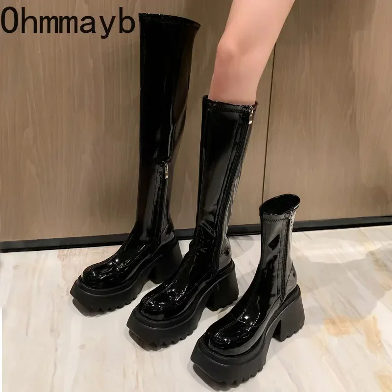 Punk Style Woman Knee-High Boots Zipper Fashion Patent Leather Long Booties 2024 New Autumn Winter High Heel Ladies Shoes