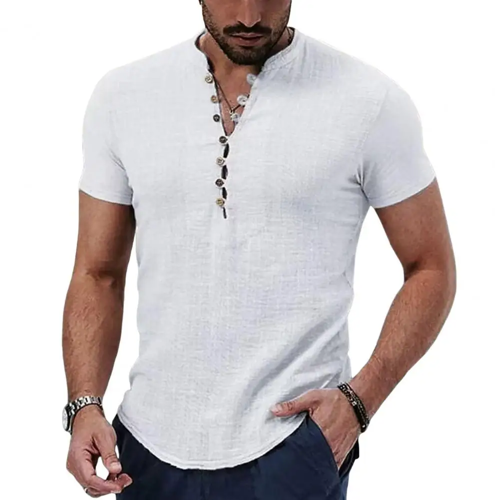 Camisa de linho de algodão manga curta masculina, camiseta com botão gola V, roupas casuais, tops masculinos populares, nova