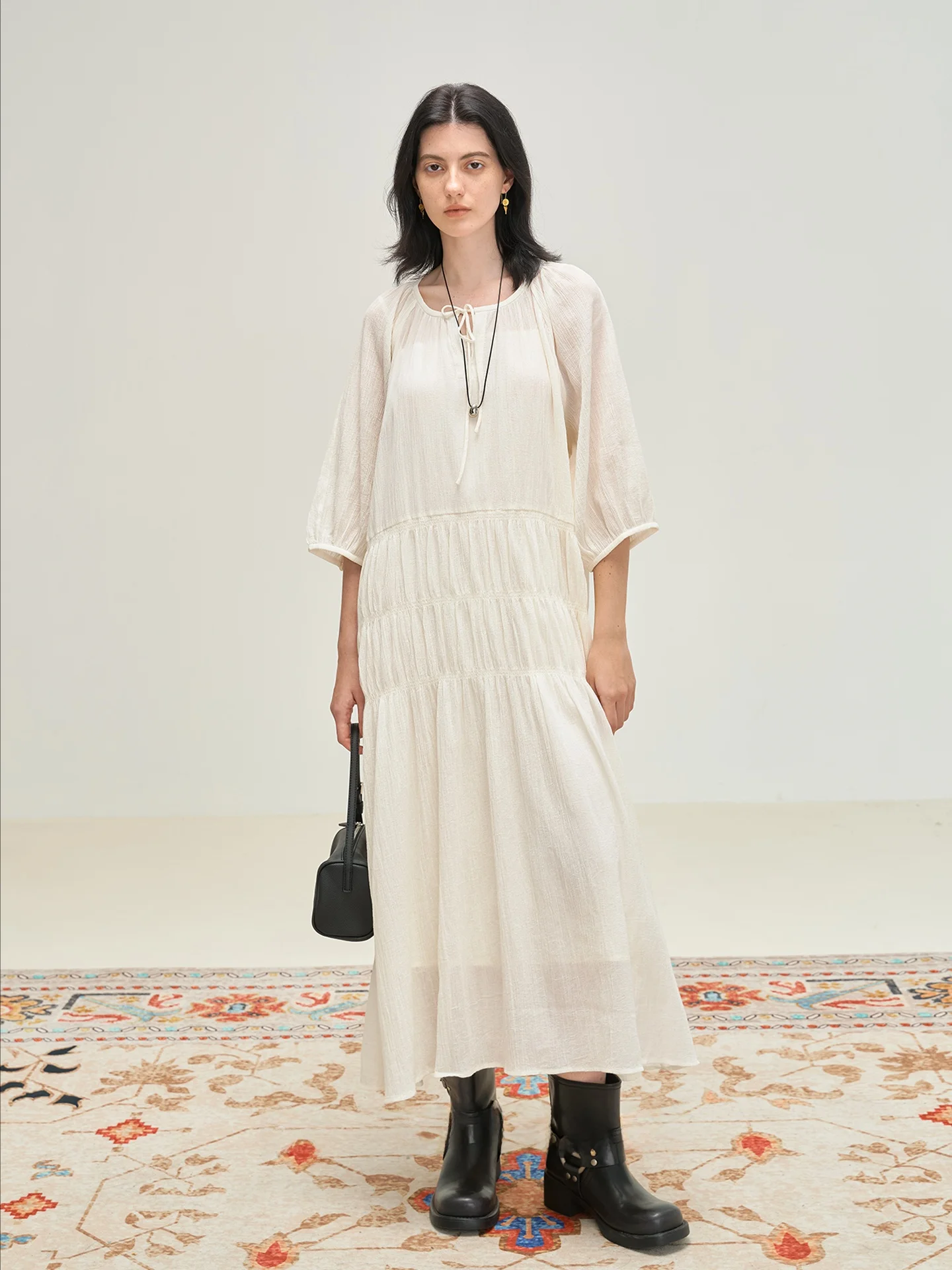 

Легкий хлопковый миди-платье в стиле «Проен» с драпировкой и текстурой под лен, дышащий и комфортный, для весны, лета и осени