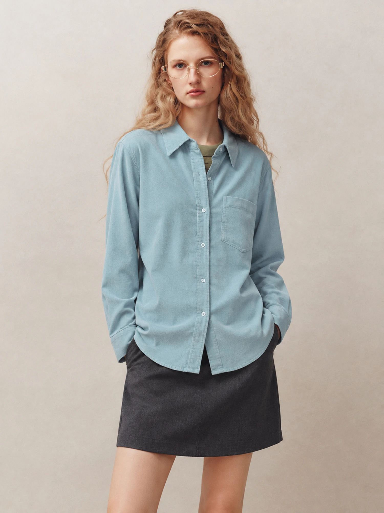 Elegant Low-profile Cotton Flannel Shirt Simple Vintage Single Pocket Long Sleeve Women's Shirt Straight Cut Regular Fit Cotton