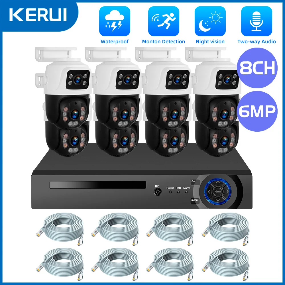 Krui 6mp מעקב 8ch מצלמה מערכת כפולה עדשה כפולה ptz wifi IP 8ch poe nvr וידאו h.265 ccctv אבטחה הביתה ערכת אבטחה