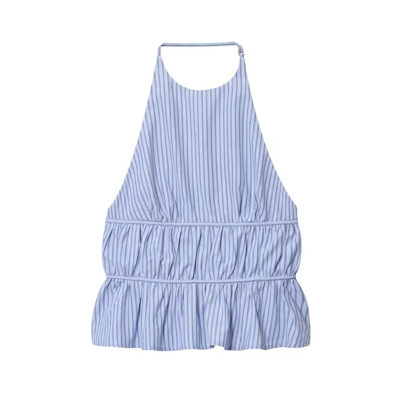 Women's Versatile Striped Silk Hang Neck Top New Fall 2025 Fashion European Style Outerwear Regular Length Sleeveless
