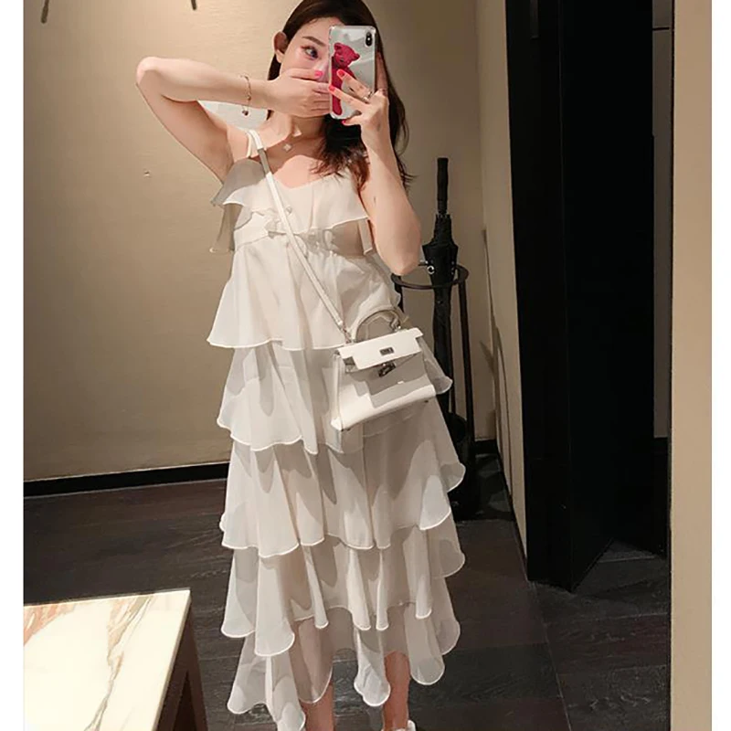 Fashion V-Neck Sleeveless Spliced Ruffles Slip Dress Women\'s Clothing 2024 Summer New Loose Solid Color Sweet Princess Dress