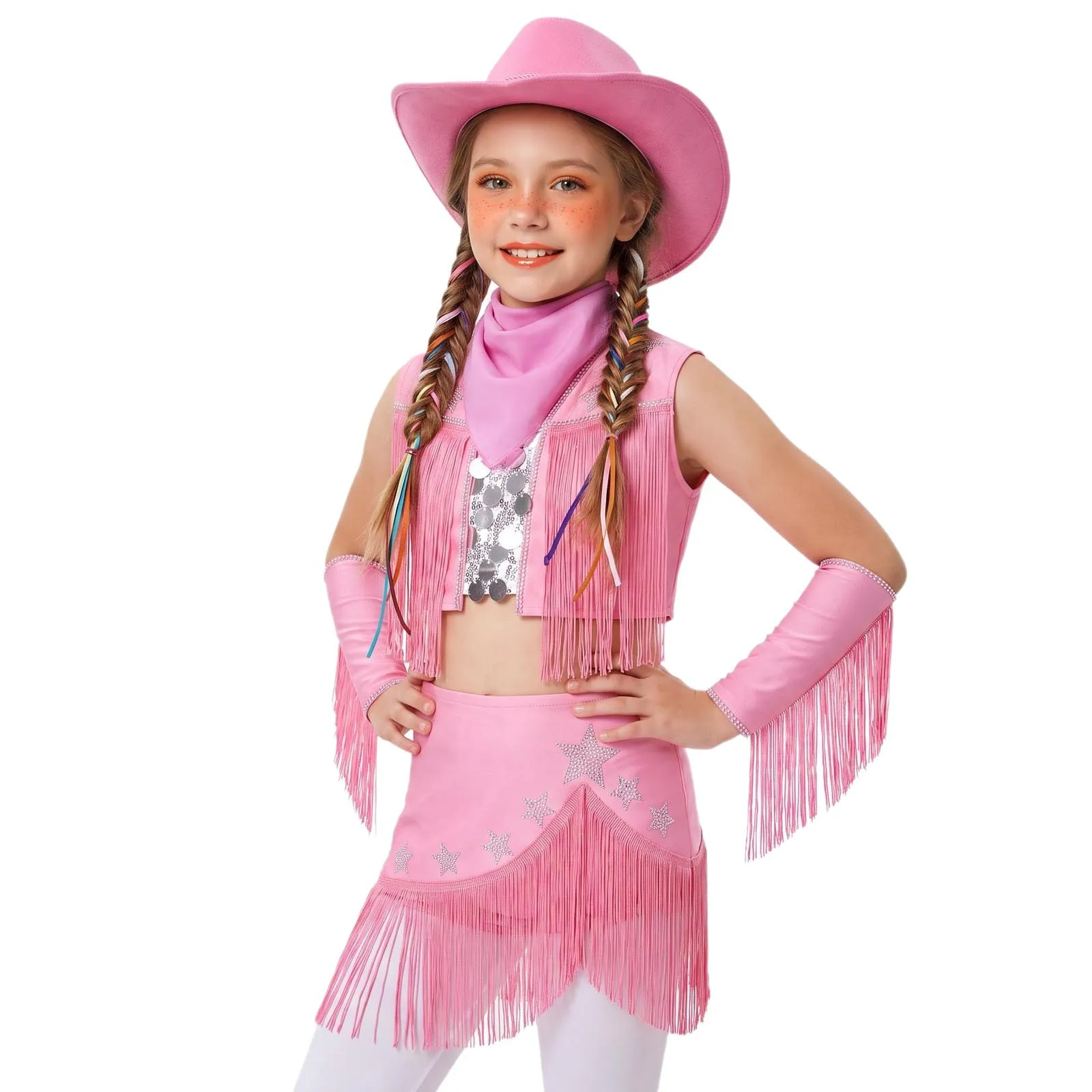 Kids Girls Cowgirl Costume Sleeveless Sequin Rhinestone Tassel Tops with Skirt and Gloves Hat for Rodeo Performance Dress Up