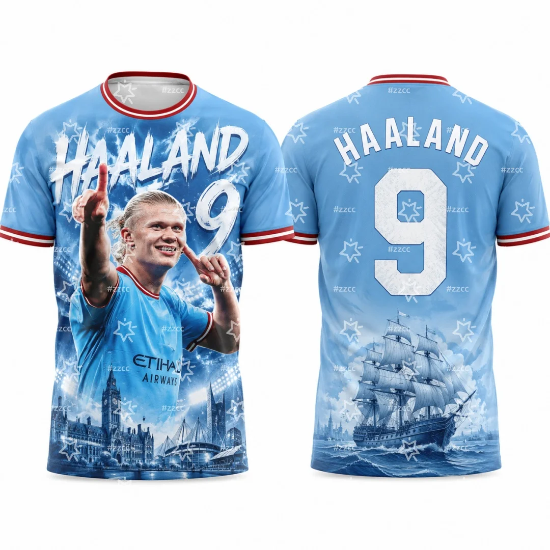 26-27 The Sky Blues Fan Jersey Haaland No.9 Football Jersey Summer Sports Quick-Dry Men's T-Shirt Kid's Clothing Tee Woman ﻿
