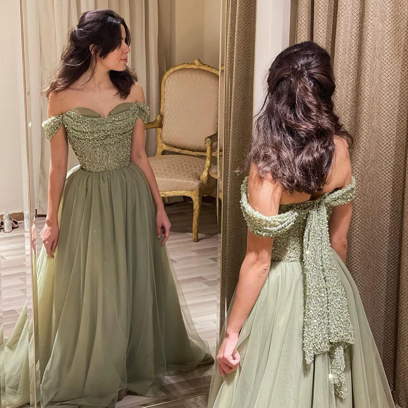 Sharon Said Sage Green Elegant Off Shoulder Evening Dresses for Beaded Long Wedding Dresses Arabic Party Gown SS314 Customized