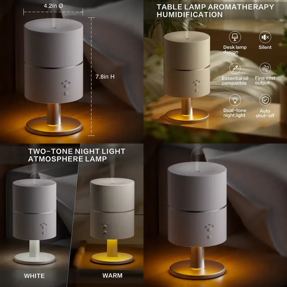 

Ultrasonic Table Lamp Night Light Humidifier Aroma Diffuser 3 in 1 for Bedroom Home Office Nursery Desk Decor Silent