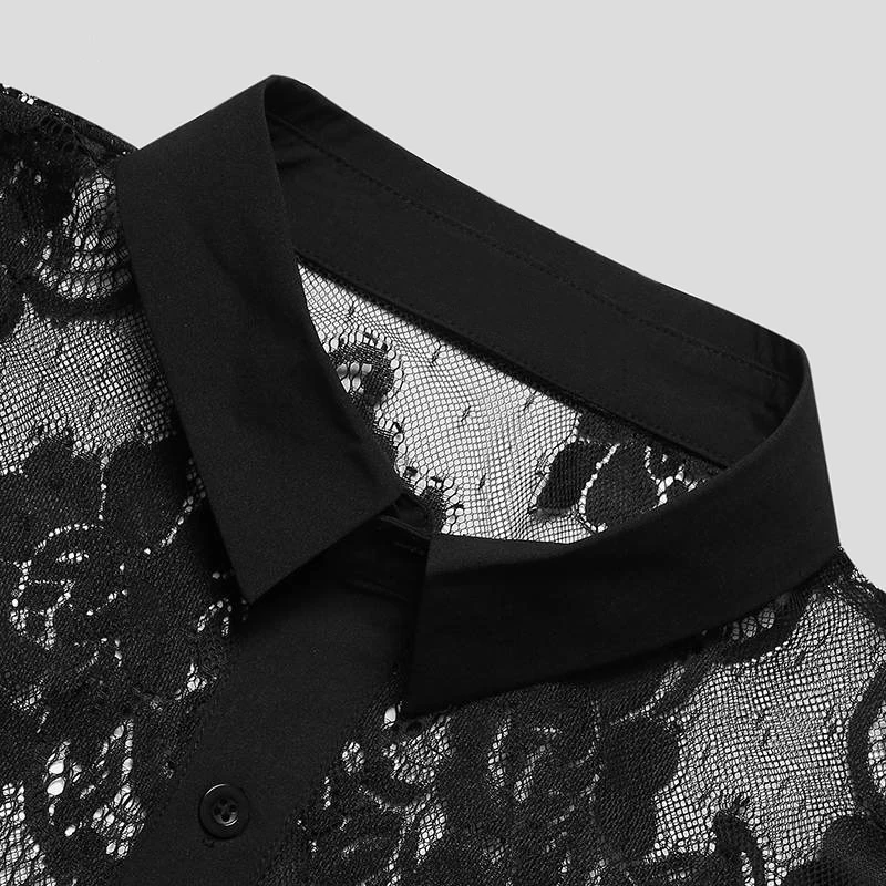 2024 Fall Sexy Transparent Lace Shirts Mens Vintage Turn-down Collar Florals Embroidery Tops For Men Casual Buttoned Mesh Shirt