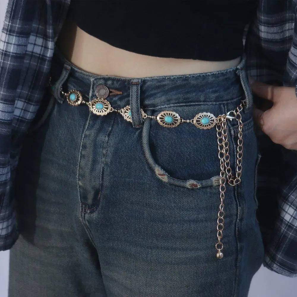 Retro Unique Beach Body Chain Y2K Punk Style Women Belts Turquoise Women Waist Chain Bohemian Belts Ethnic Style Metal Belt