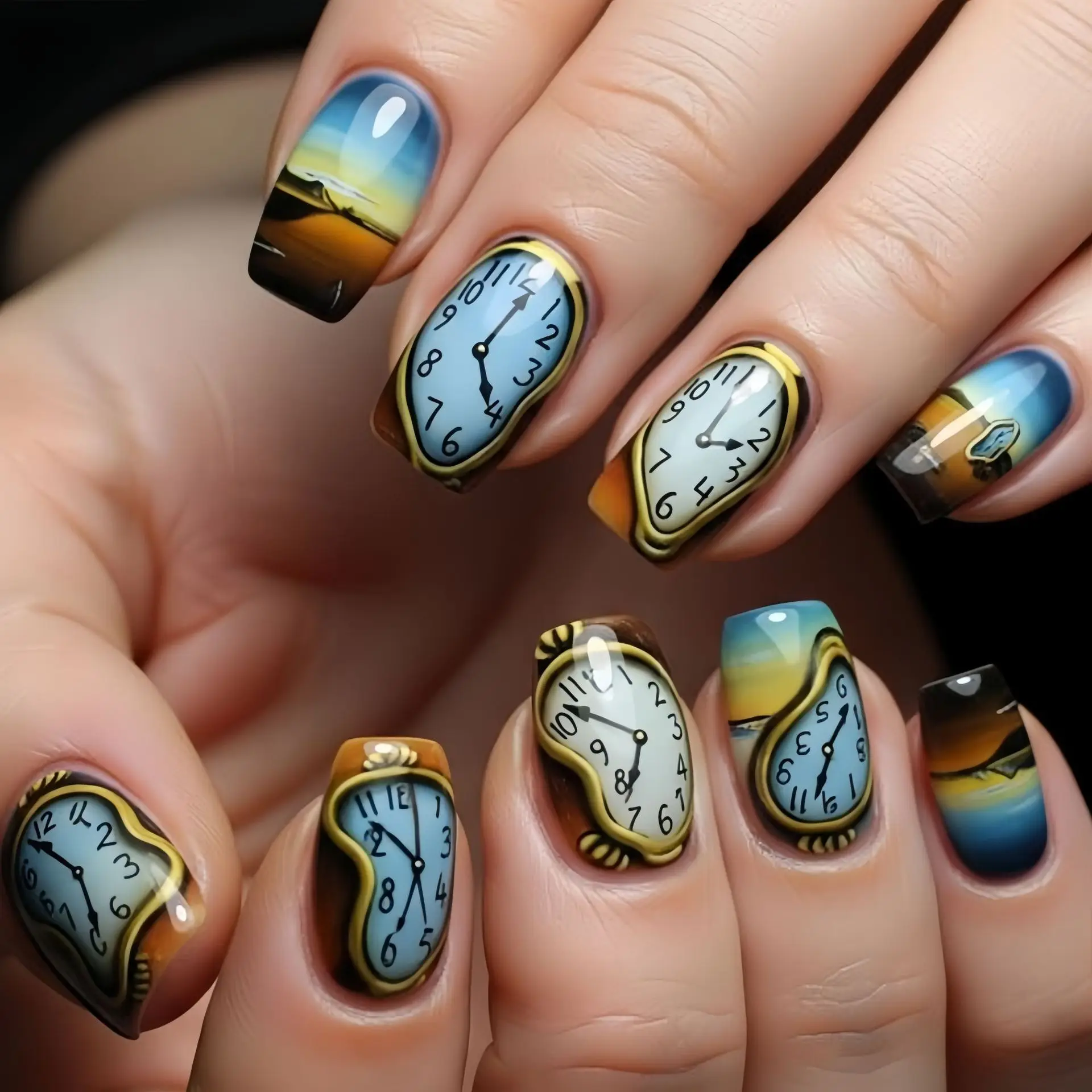 

Smudge Design Press on Nails for Woman Datachable Full Cover False Nails Tips Clock Press on Nails with Watch Fake Nails Square