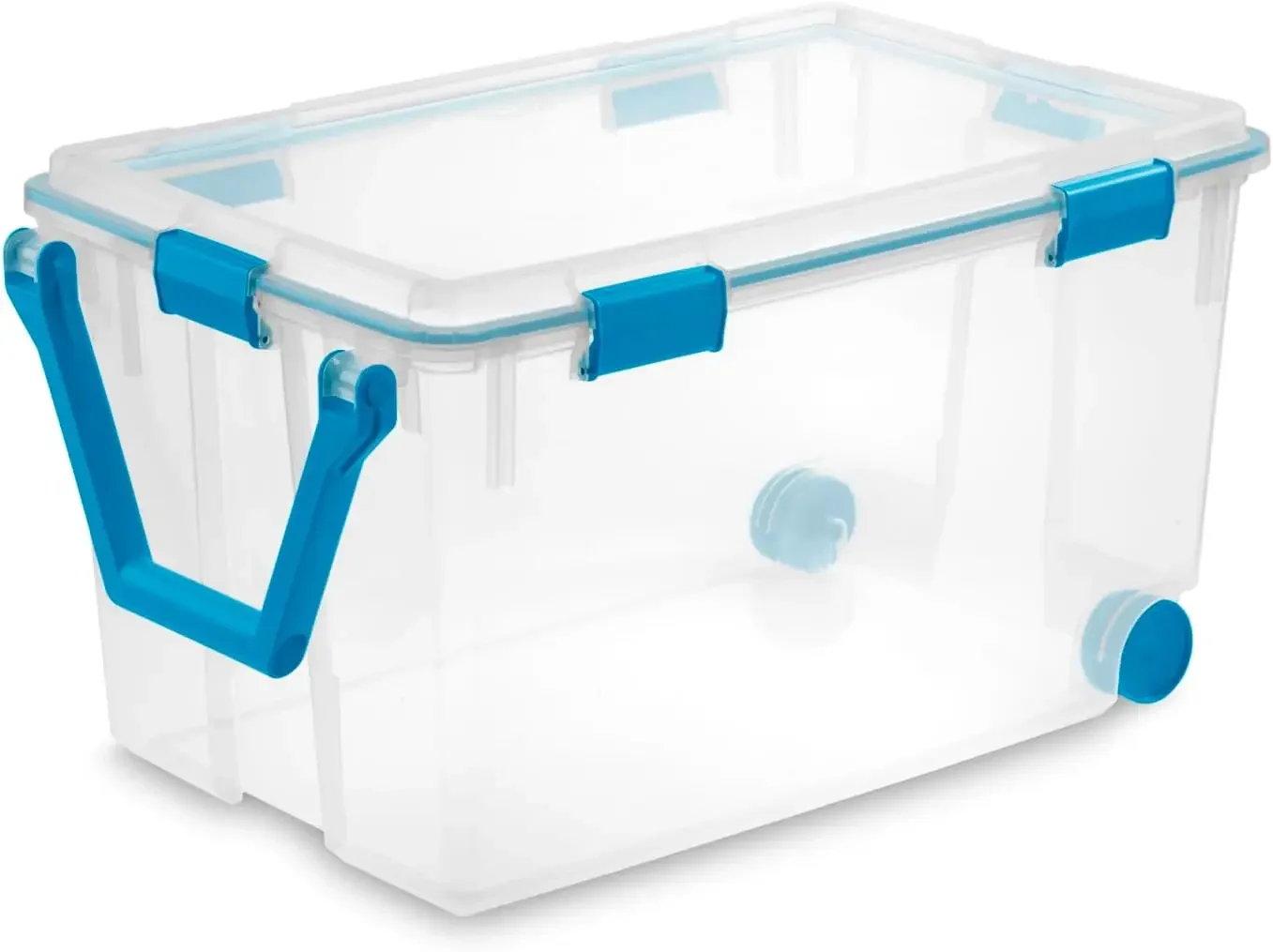 120 Qt Wheeled Gasket Box, Stackable Storage Bin with Latching Lid, Handle and Tight Seal, Plastic Container with Clear Base and