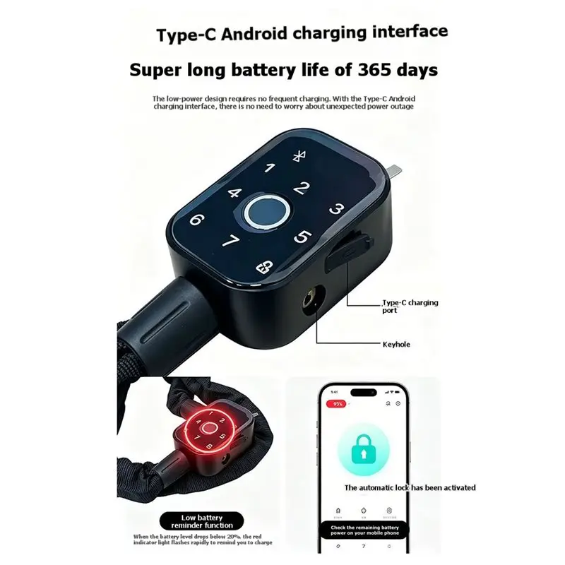 B03C-Intelligent Fingerprint And Password Lock-Theft-Proof Bluetooth Enabled For Electric Bicycles And Scooters, Graffiti-Resist