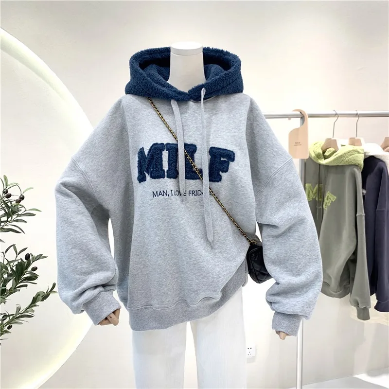 

Women Casual Cotton Thick Long Sleeve Female Pullover Streetwear Loose Fashion Autumn Letter Splicing Lamb Hoodies Sweatshirt