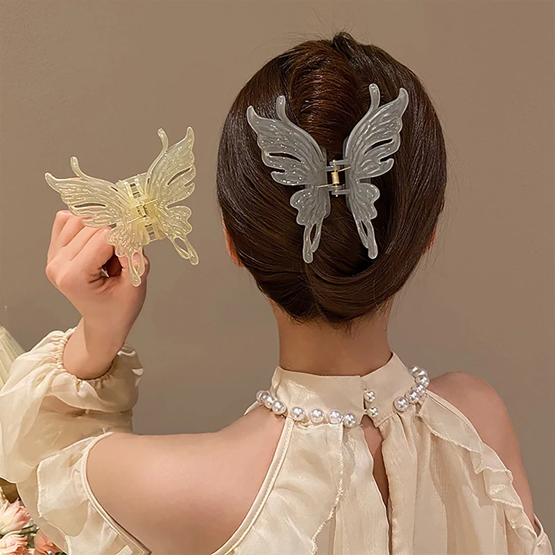 Pinza de pelo de mariposa transparente de acrílico grande para mujer y niña, horquilla para la Cabeza trasera, agarres elegantes, Clip de tiburón,