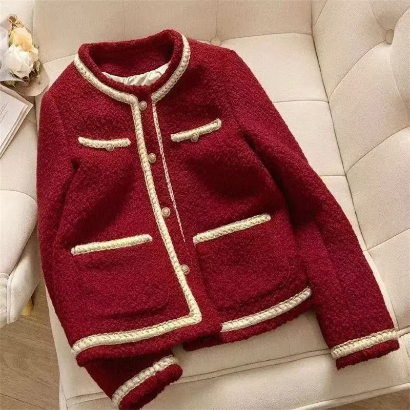 

New outerwear Women's Jackets Thickened Inside Short red Small Fragrance Coat Women's Autumn and Winter Plaid Woolen Short Coat