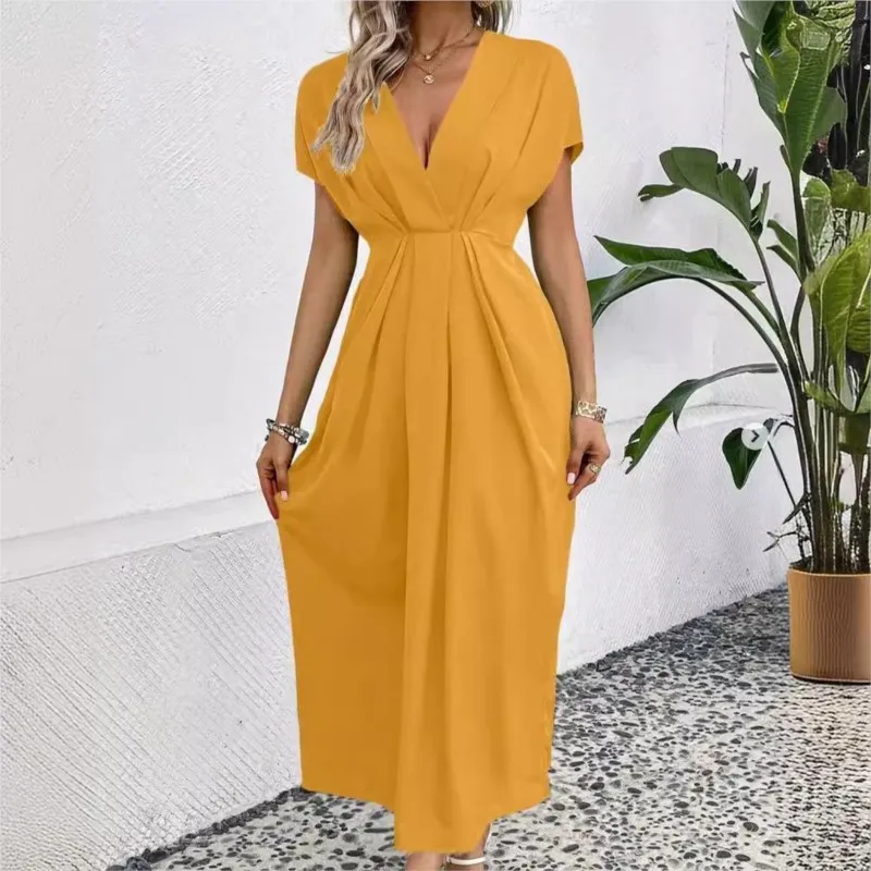 Green Elegant Women's Long Dress Solid Color Deep V-neck Off Shoulder Sleeves Pleated Waist Solid Color Dress Summer New Product