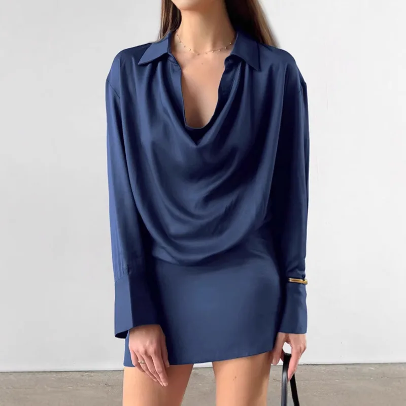 우아한 프렌치 블루 카울 넥 긴 소매 바디콘 드레스 여성 가을 ​​겨울 새틴 허리 드레스 여성용 캐주얼 오피스 드레스