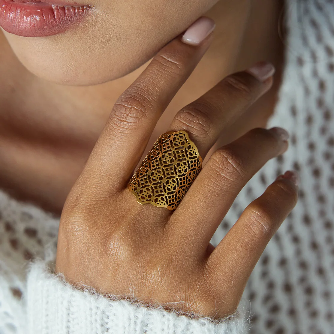 

Exaggerated Bohemian Style Hollow out Design Open Ring for Women Luxury Vintage Feel Fashionable Titanium Steel Jewelry