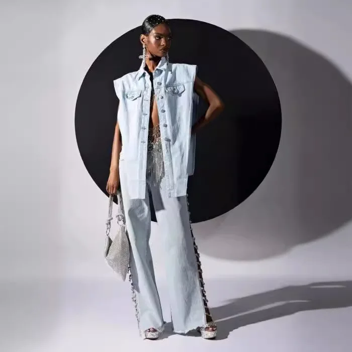 Diamond Chain Long Hot Girl Jeans Thin Women's Straight Summer Slim Side Slit Casual Loose Wide Leg Trousers Jeans Mujer Roupas